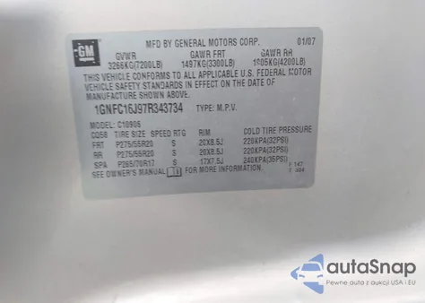 2007 Chevrolet Suburban 1500 Ltz from USA, damaged, VIN 1GNFC16J97R343734